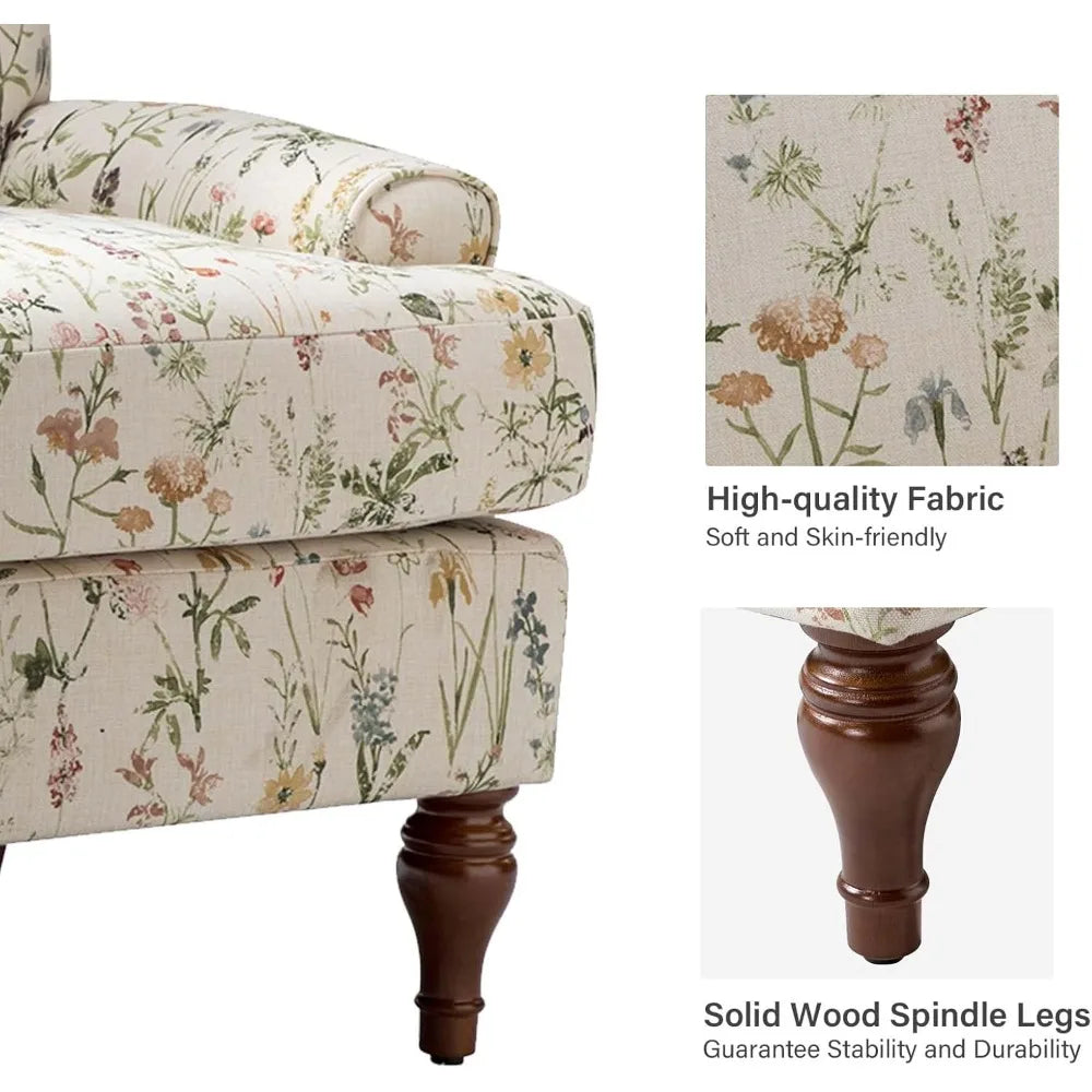 Floral Upholstered Accent Chair – Armchair with Solid Legs & Removable Cushion