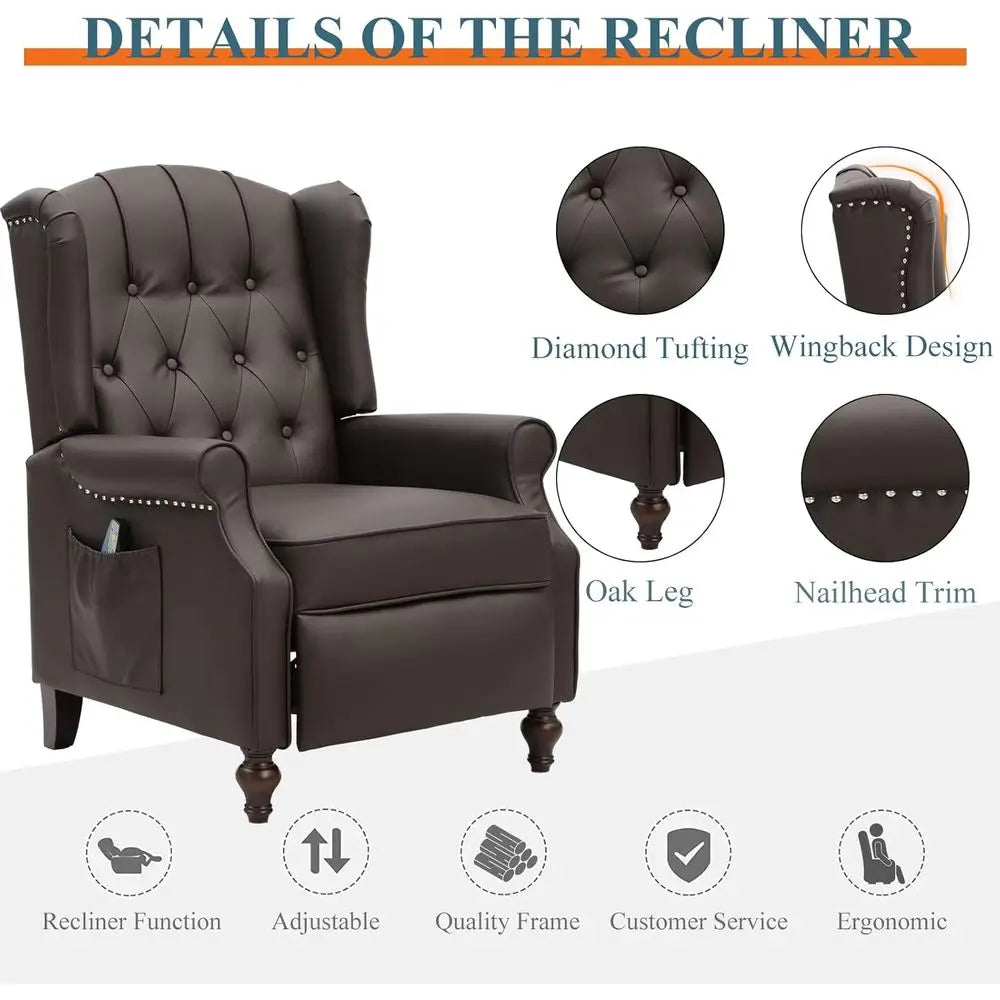 Mid-Century Style Reclining Leather Armchair with Massage and Heat Features, Brown Accent Chair with Tufted Back, Nailhead Trim,
