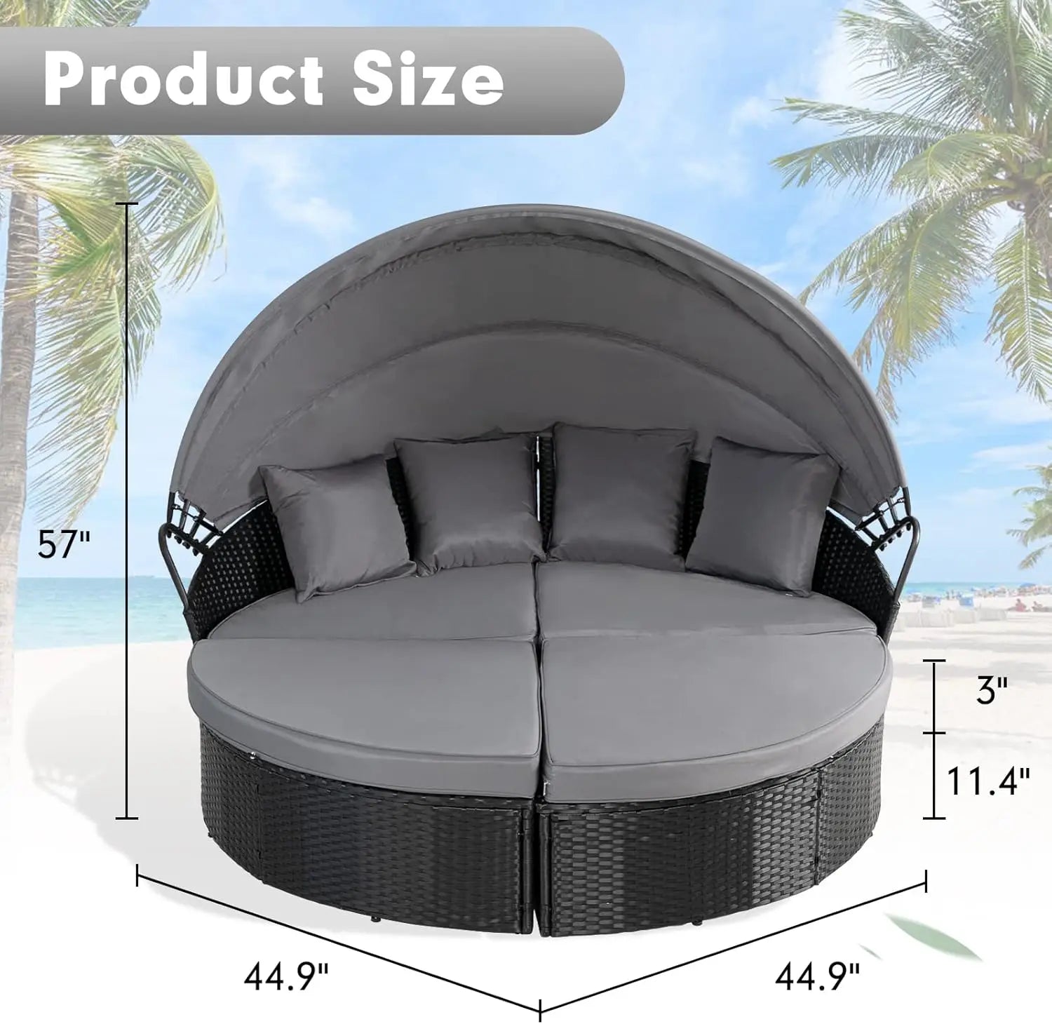 Outdoor Patio Round Daybed with Retractable Canopy, Wicker Furniture Clamshell Sectional Seating with Washable Cushions