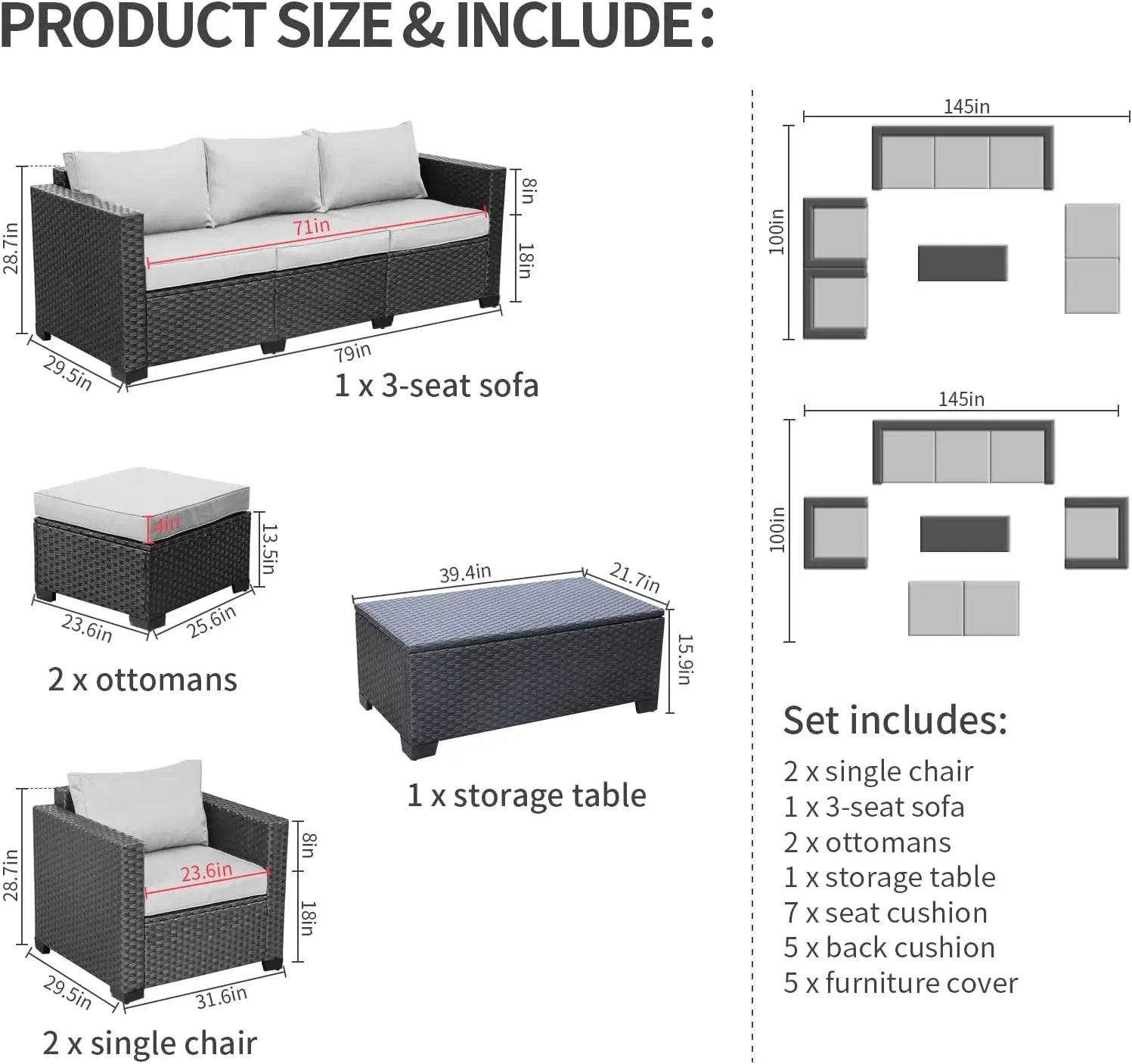 Patio Wicker Furniture Set 6 Pieces Outdoor HDPE Wicker Conversation Couch Sectional Chair Sofa Set with Grey Cushions
