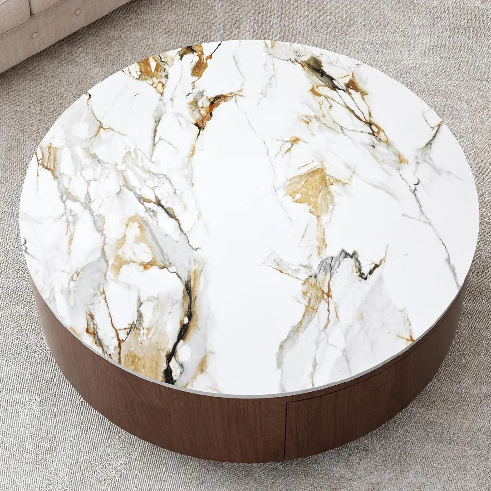 35.4” Mid-Century Modern Round Coffee Table – Marble Top with Drawers, Solid Walnut Wood