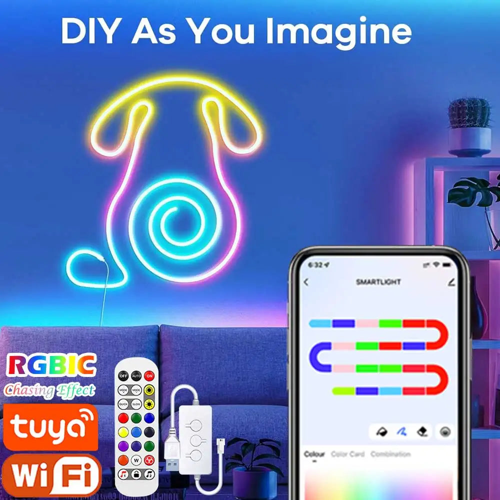TUYA Neon LED Strip Lights 5V 72LEDs/M Silicone Neon Rope Light with Music Sync RGBIC Dreamcolor Chasing Strip Tape for Room