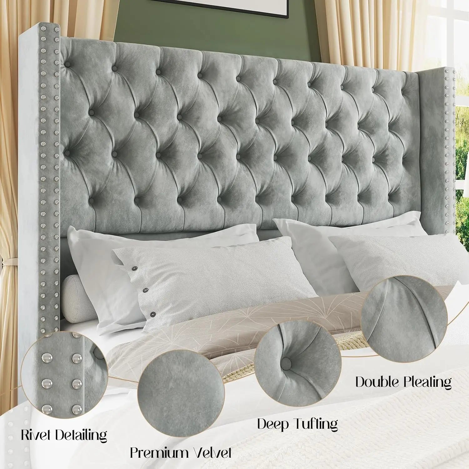 Queen Size Velvet Upholstered Platform Bed – Wingback Nailhead Headboard (Light Grey)