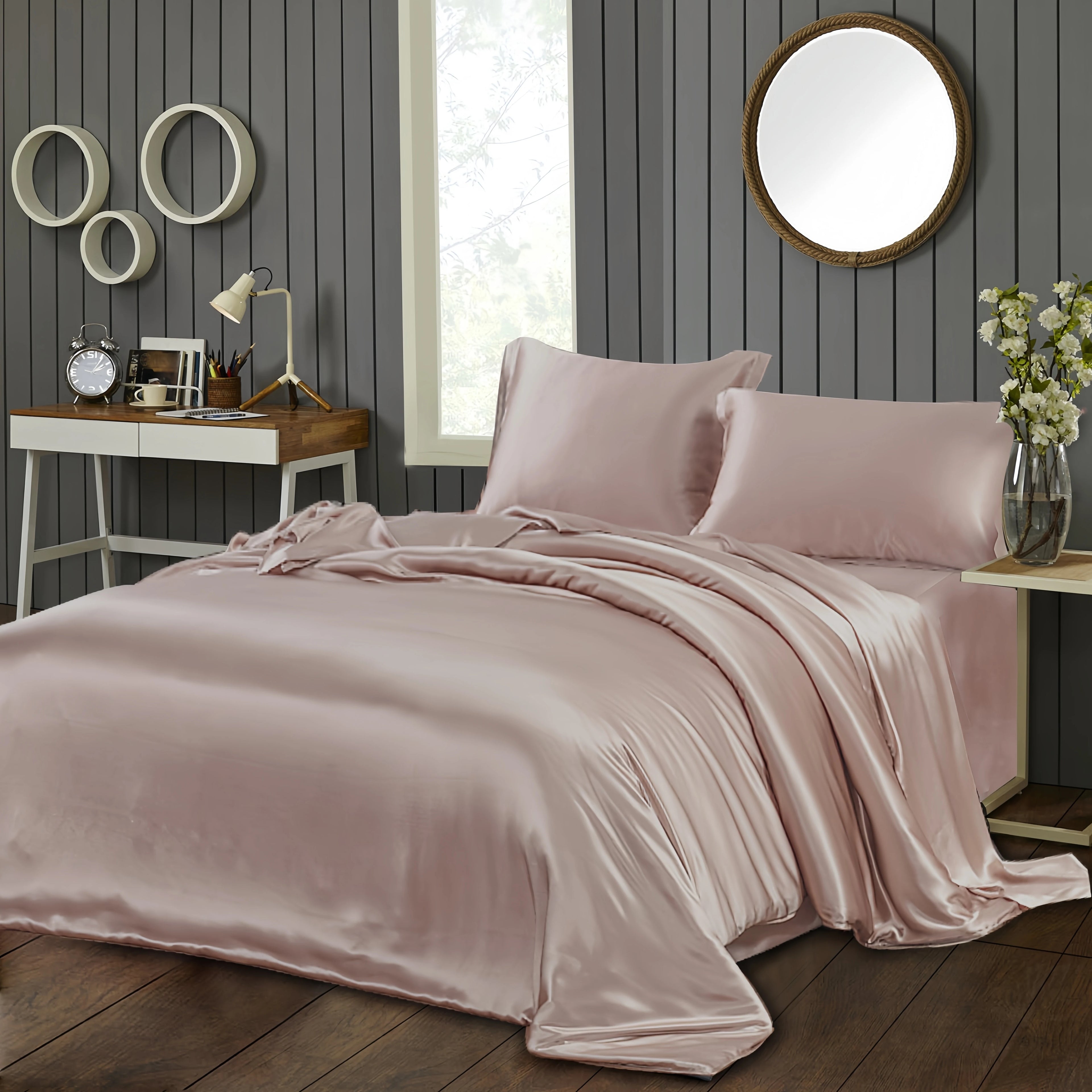 Bed Sheet Set,  22 Mm,  100% Mulberry Silk , Seamless,  Dark Blue  Silvery Colors, Fitted Sheet, Duvet Cover,All Size, Customize