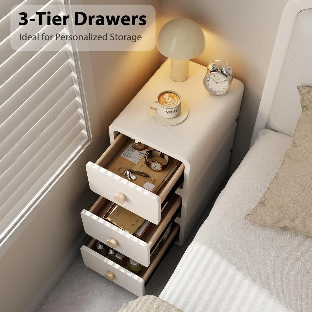 Narrow Nightstand with Drawers, Modern Nightstand for Bedroom, Dorm and Living Room.