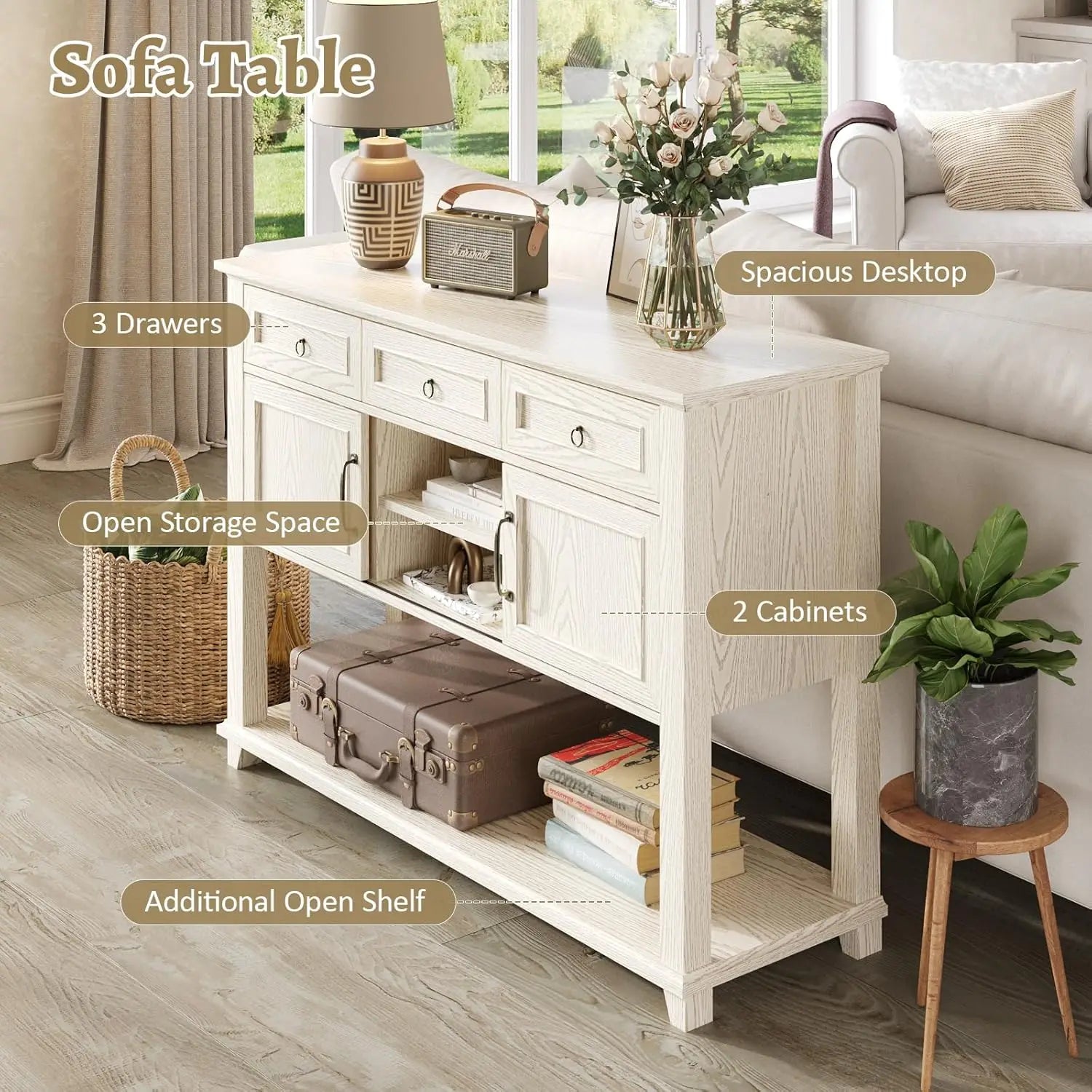 Vabches Console Table for Hallway Wood Entryway Table with 3 Storage Drawer&Sliding Barn Doors 47'' W Console Table for Entryway