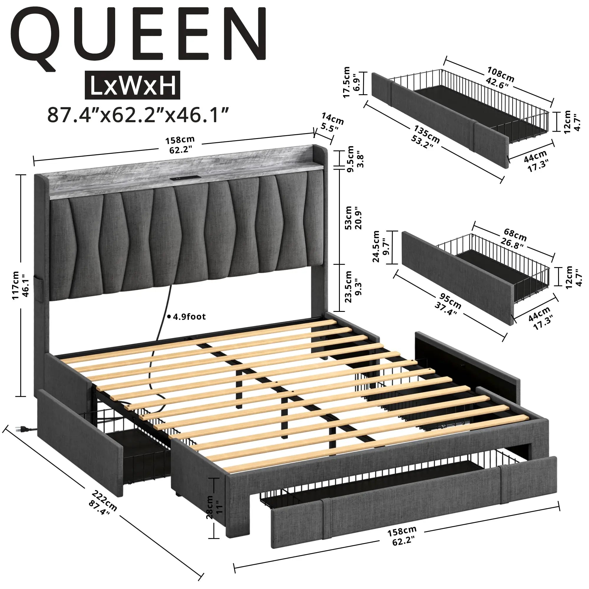 Upholstered Platform Bed Frame with 3 Storage Drawers – Storage Headboard & Charging Station