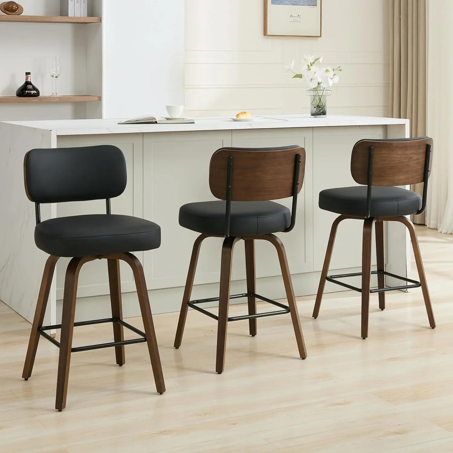 Swivel Counter-Height Bar Stools with Back – Faux Leather, Walnut Legs (Black)