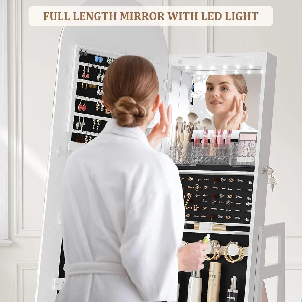 LED Mirror Jewelry Cabinet Standing, Lockable Jewelry Armoire with Arched Full-Length Mirror and Adjustable LED Lights
