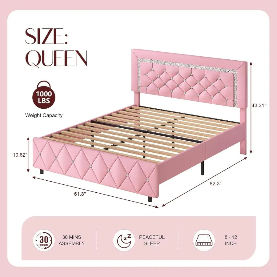 Pink Queen Faux Leather Upholstered Bed Frame – Diamond Headboard Platform Bed