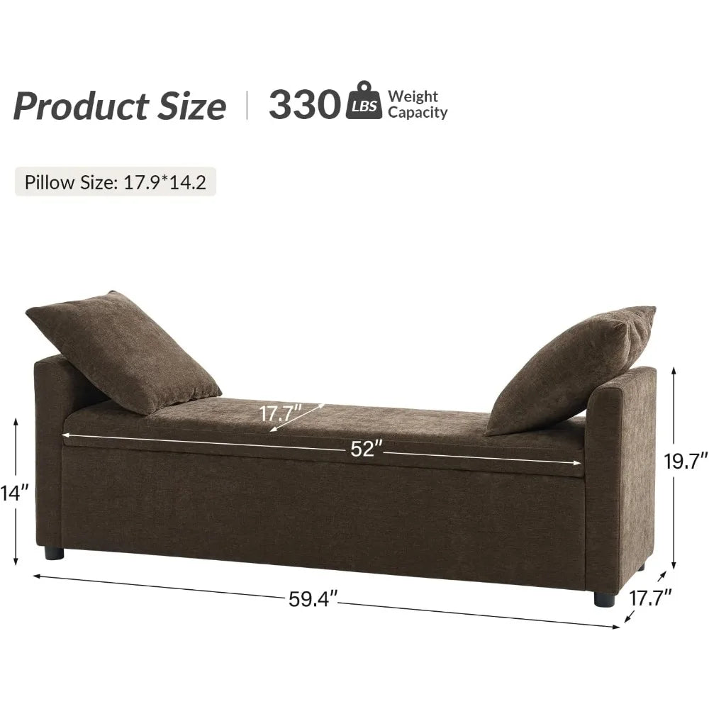 Modern Storage Bench with Throw Pillows – 59.4″ Extra-Long End-of-Bed Ottoman