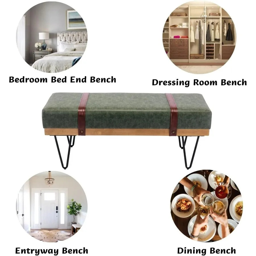 Green PU Leather Storage Ottoman Bench – 44″ with Industrial Hairpin Legs