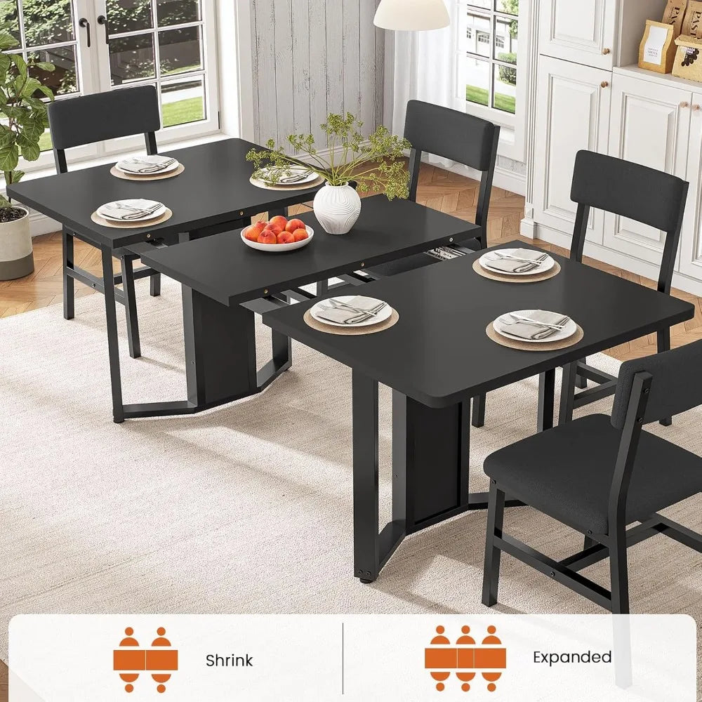 5-Piece Dining Table Set for 4-6 People, 63" Extendable Kitchen Table and 4 Cushion Chairs, Dining Room Table with MDF Boa