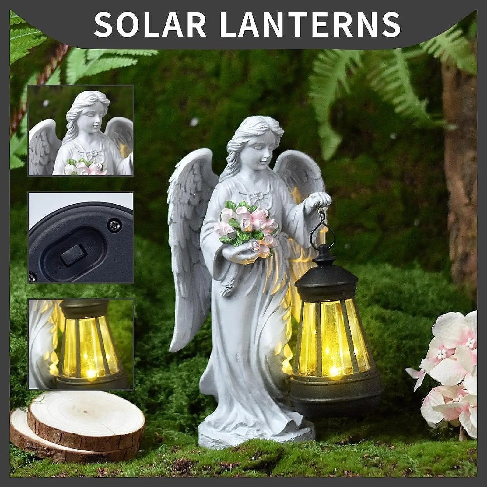 Angel Figurine with Solar Powered Light 14x7x23cm for Front Yard Patio