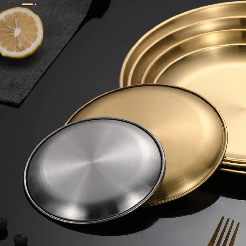Gold Stainless Steel Round Plate – Rust-Proof Shallow Tray for Dining & Outdoor Use