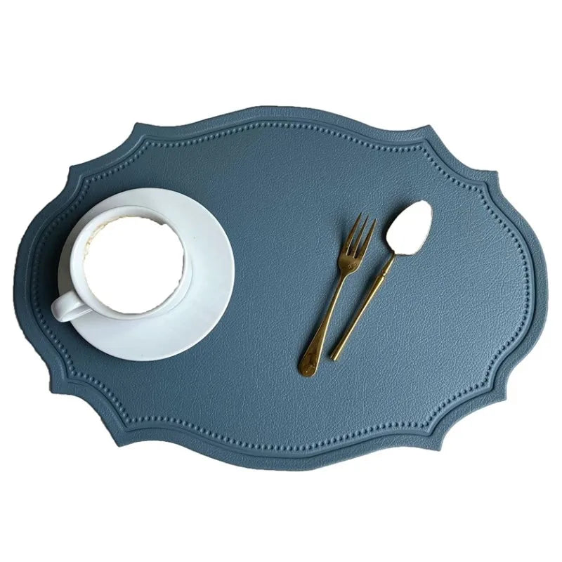 2pcs Oval Shaped Placemat Faux Leather Table Pad Luxury Place Mat Tableware Cafe Pad Kitchen Accessories Grey