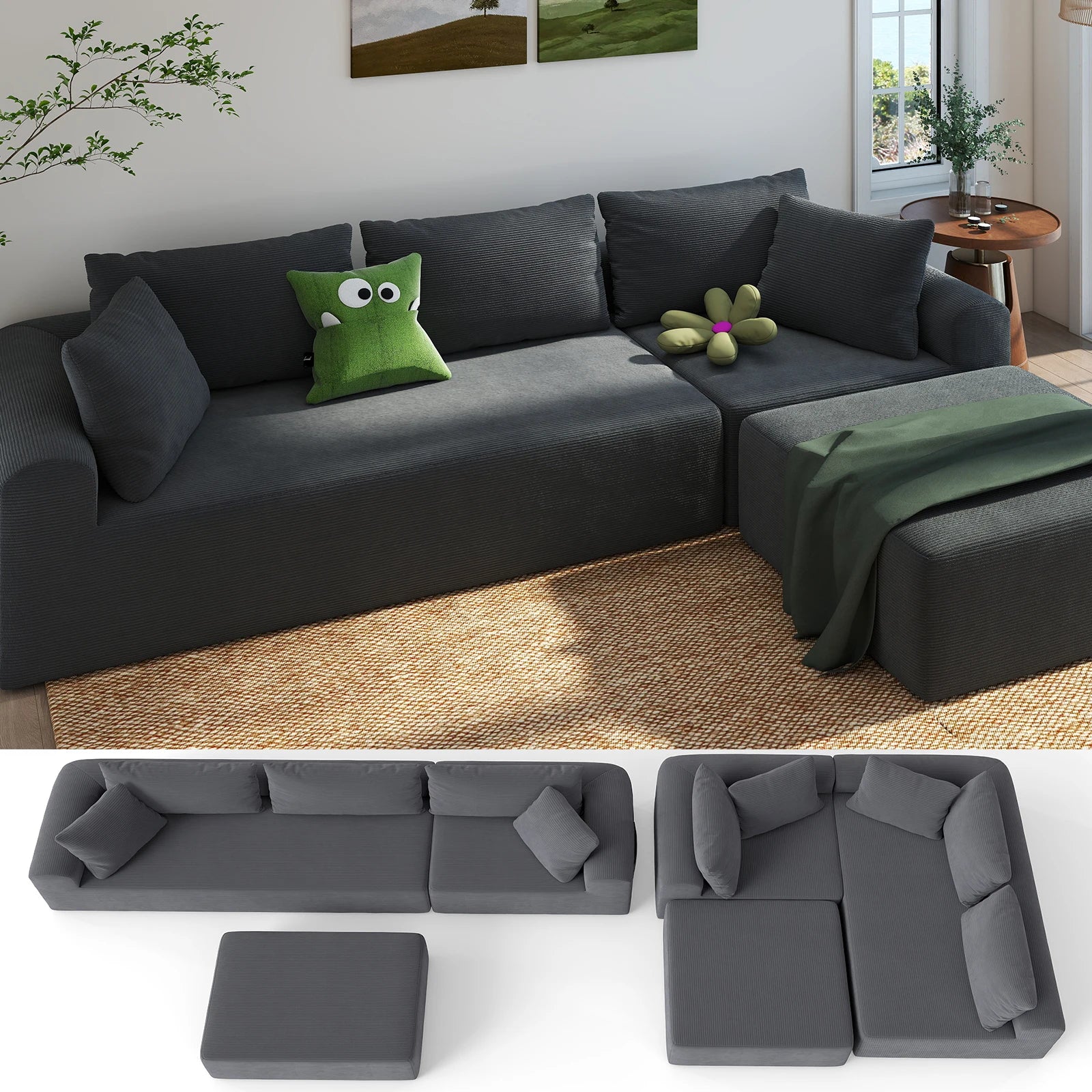 Modular Sectional Sofa with L-Shape Chaise, Cloud Couch in Corduroy, Deep Seat Living Room Sofa with Side Pockets, No Assembly R