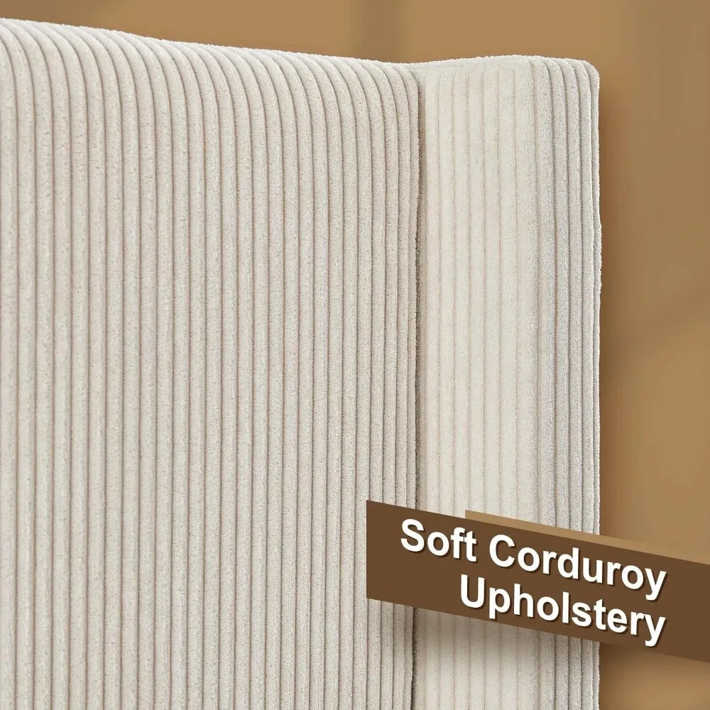 Extra Large Cushioned Platform Bed Frame – Canvas Upholstered Bed with 50.8″ Headboard (Cream)