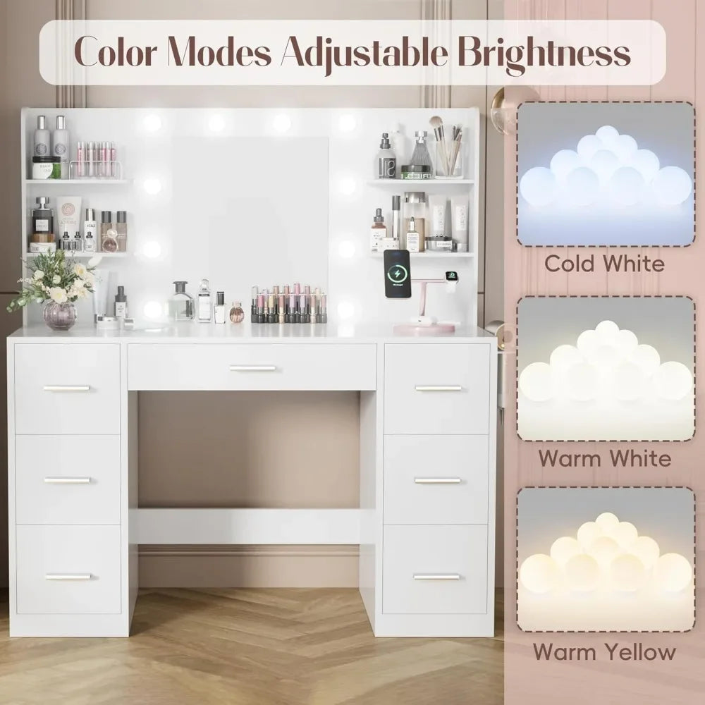 Vanity Desk with Mirror, Power Outlet and 10 Lights, Makeup Table with 7 Drawers, 3 Color Modes Available for Bedroom, Light Wh