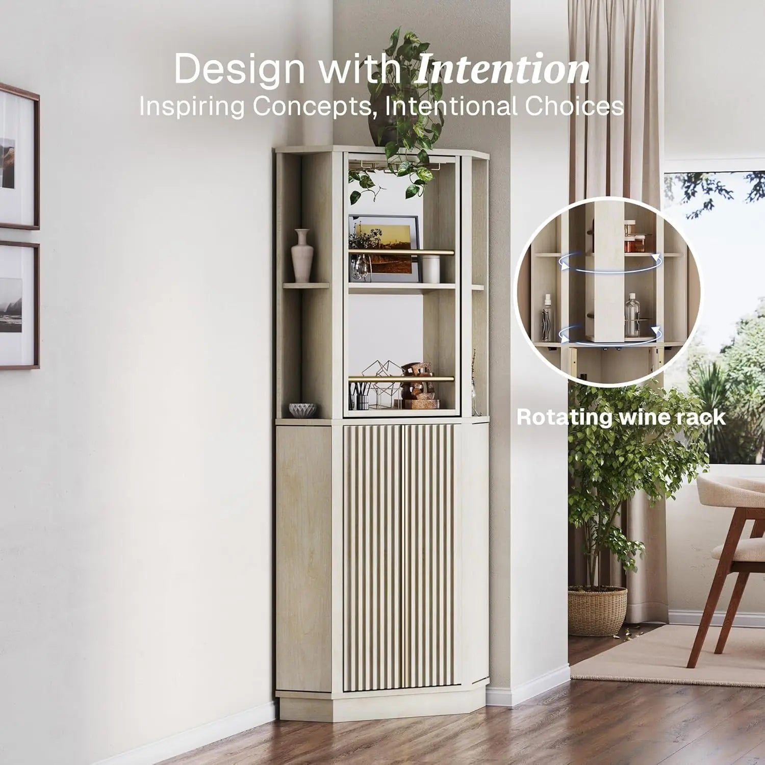 68″ Tall Farmhouse Wine Cabinet – Rotating Wine Rack Corner Bar Cabinet