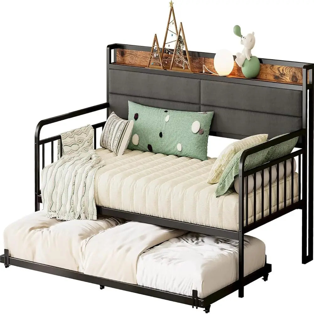 Metal Daybed with Trundle – Upholstered Headboard & Charging Station (Full / Twin XL)