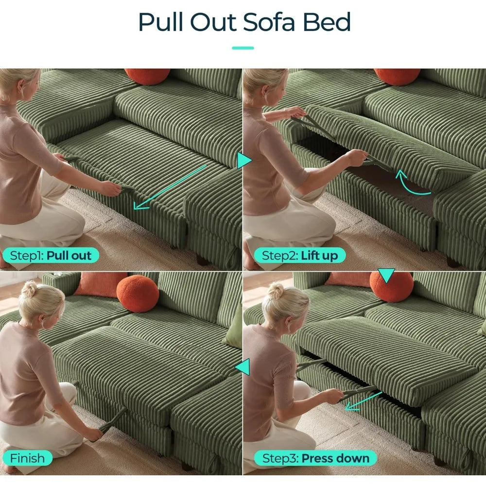Sectional Sleeper Sofa with Pull Out Couch Bed - Convertible Plush Corduroy Cloud Couch with Storage Chaise & USB Charging, Com