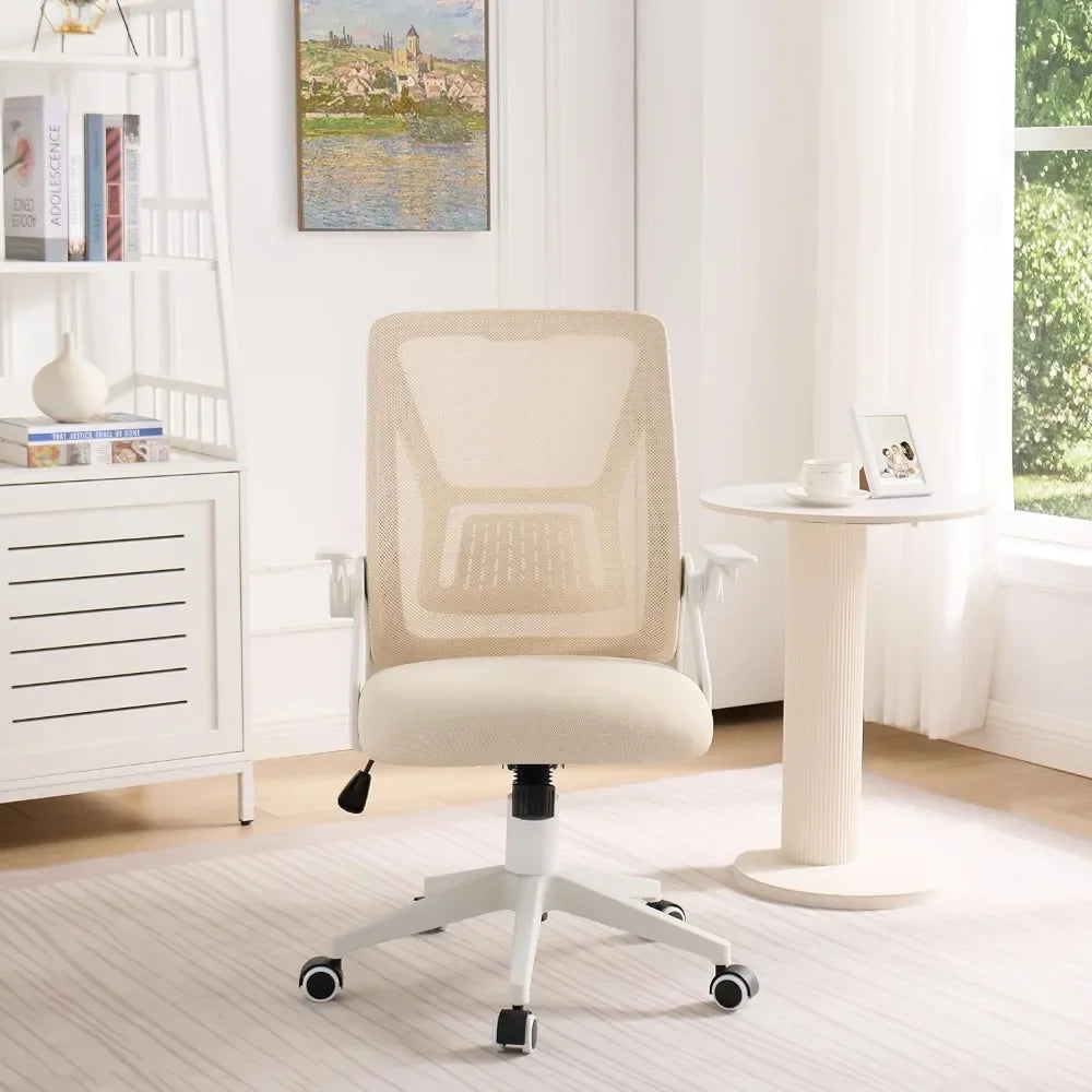 Beige Desk Chair Mid-back Swivel Ergonomic Office Chair With Adjustable Arms Mesh Lumbar Support for Computer Task Work Gaming