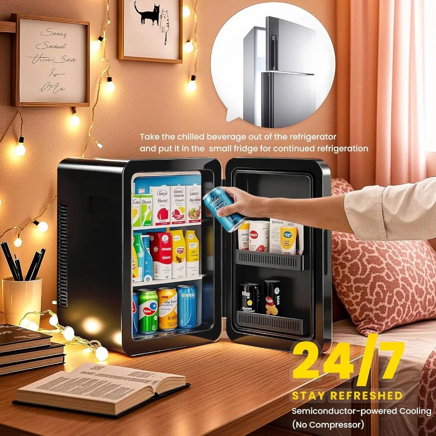 22L 30Cans Mini Fridge for Bedroom 12V DC Portable Cooler and Warmer with Glass Front Compact Refrigerator Ideal for Car Office