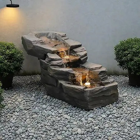 Outdoor Water Fountain 3-Tier Floor Standing Rainforest Rock River Natural Waterfall Fountains with LED Lights for Garden