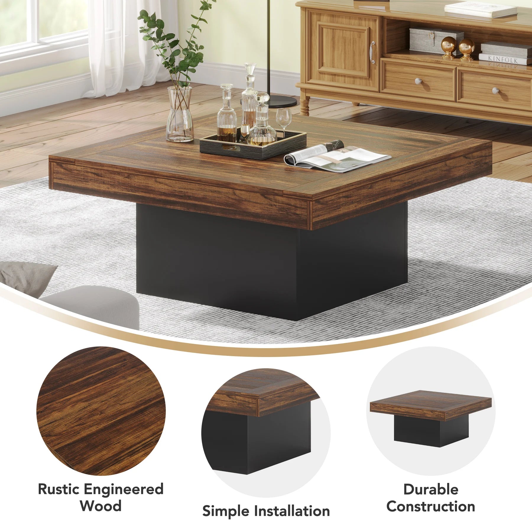 Tribesigns Square LED Coffee Table – Engineered Wood Low Center Table (Rustic Brown & Black)