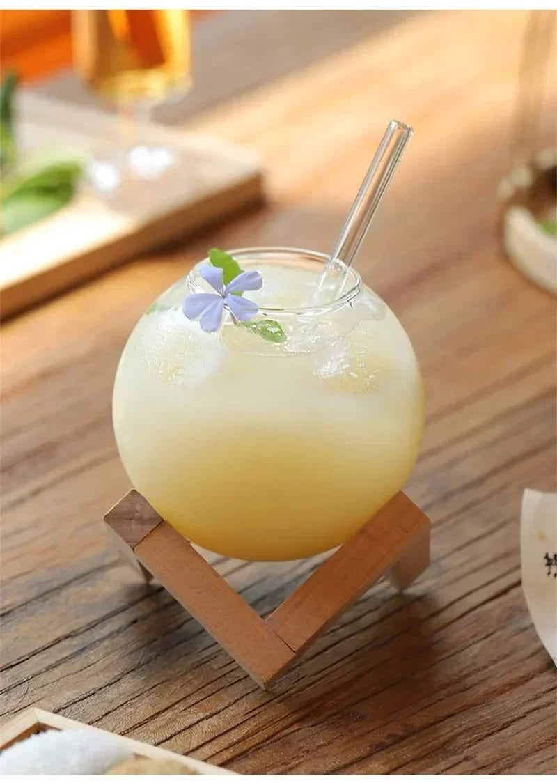 Creative Ronud Ball Glass Cup with Wood Stand Straw Wine Cocktail Glass Cup Clear Moon Ball Cold Drinking Juice Cups