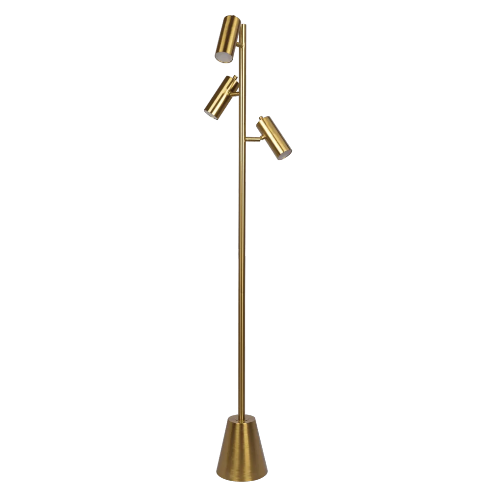 Lumina Brassed Gold Floor Lamp Rotary Switch Triple Spots Metal Cone Base The Elegantly Designed Lumina Brassed Gold Floor Lamp