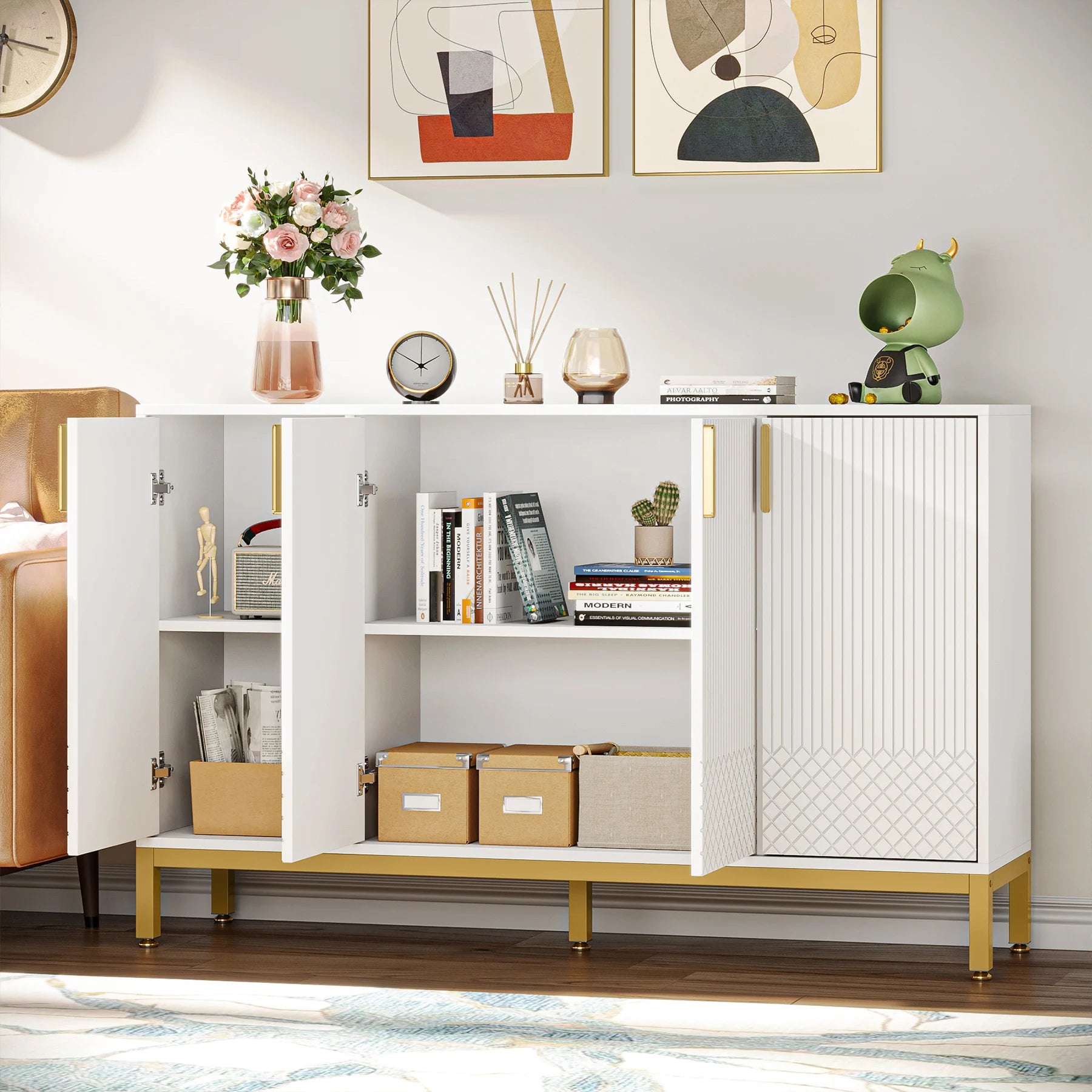 Tribesigns Modern Storage Cabinet, 59 Inch Console Cabinet Sideboard Buffet Cabinet with 4 Doors & Gold Metal Base