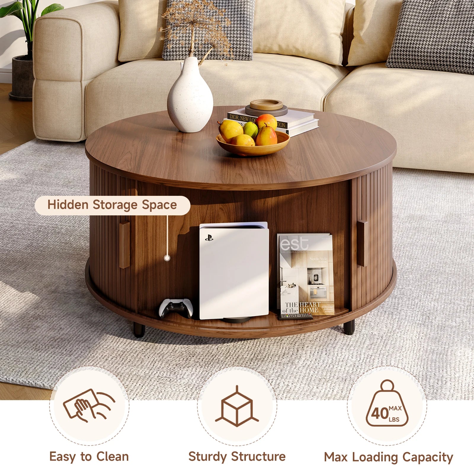 31.5” Round Coffee Table with Storage – Modern Fluted Coffee Table with 360° Curved Sliding Door