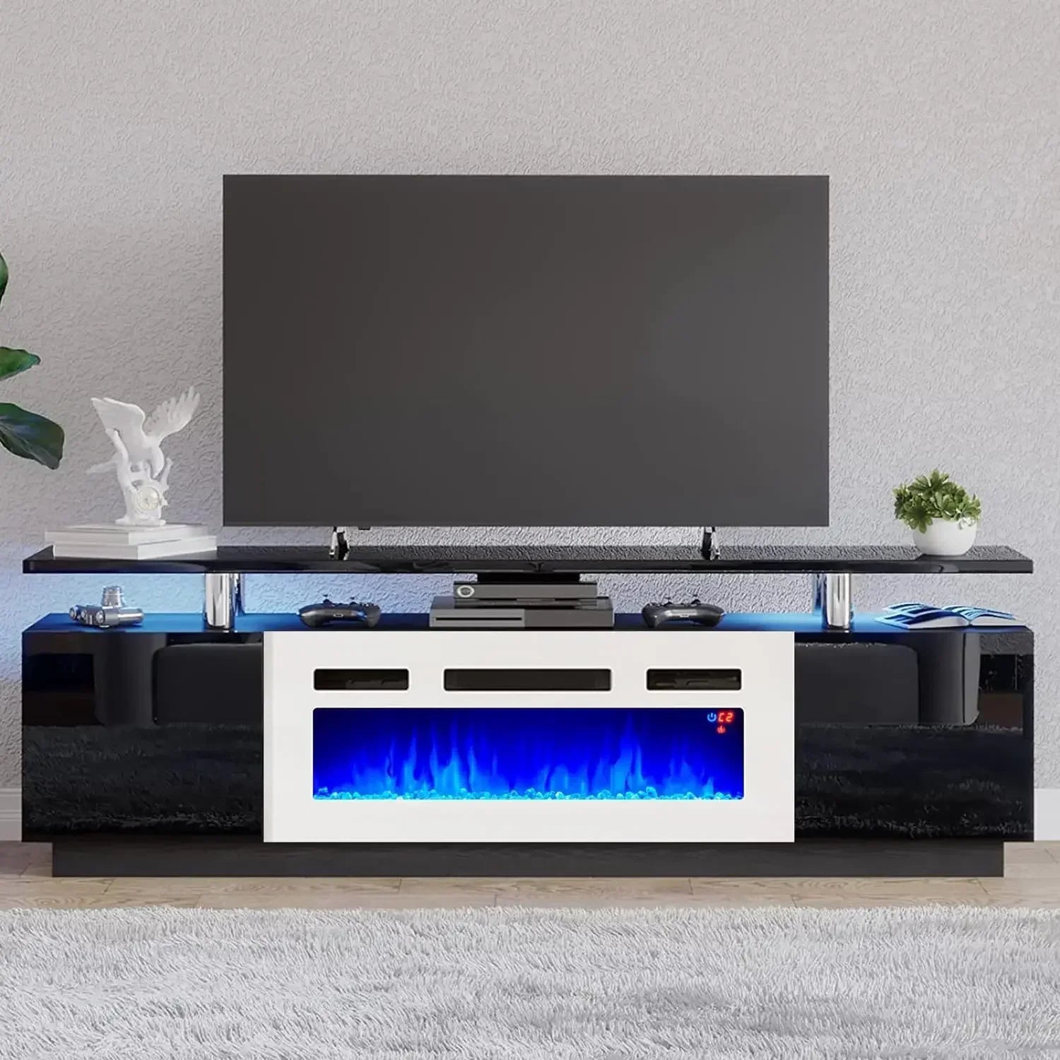 Fireplace TV Stand for 80 "TVs, LED Light, Entertainment Center, 2-Tier Storage", High Gloss, 70"