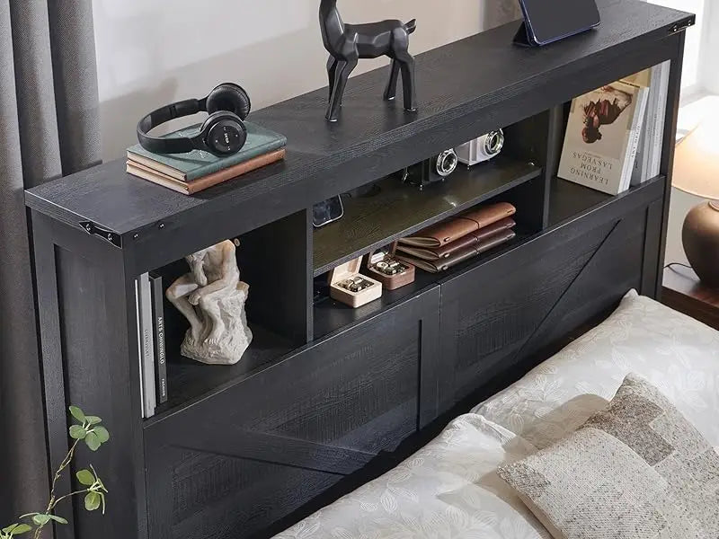 King Size Farmhouse Wood Bed Frame with Storage Bookcase Headboard, LED Light & Charging Station (Black)
