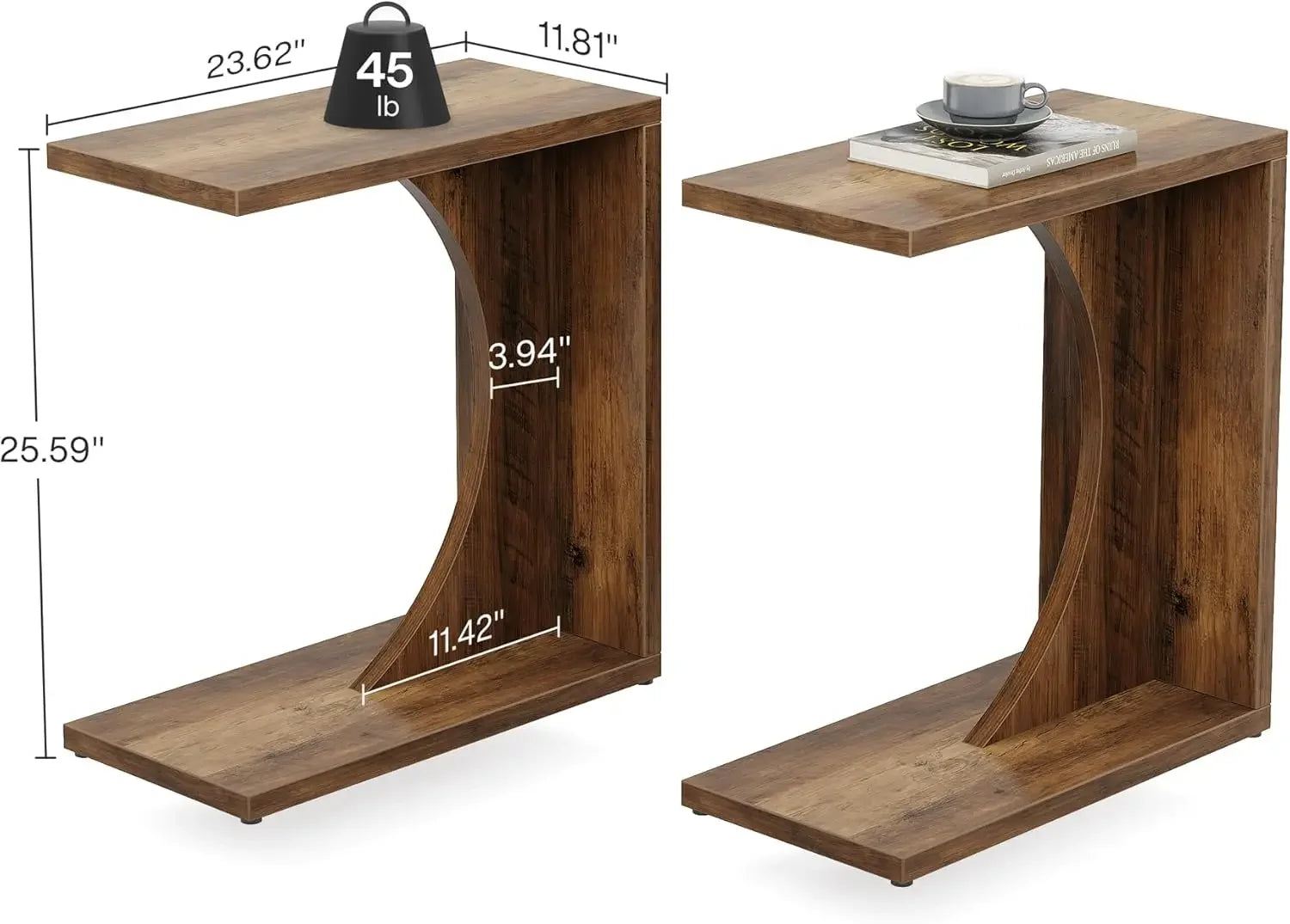C-Shaped End Table for Couch, C Table for Sofa Set of 2, Side Table for Living Room, Bedroom (2, Rustic Brown)