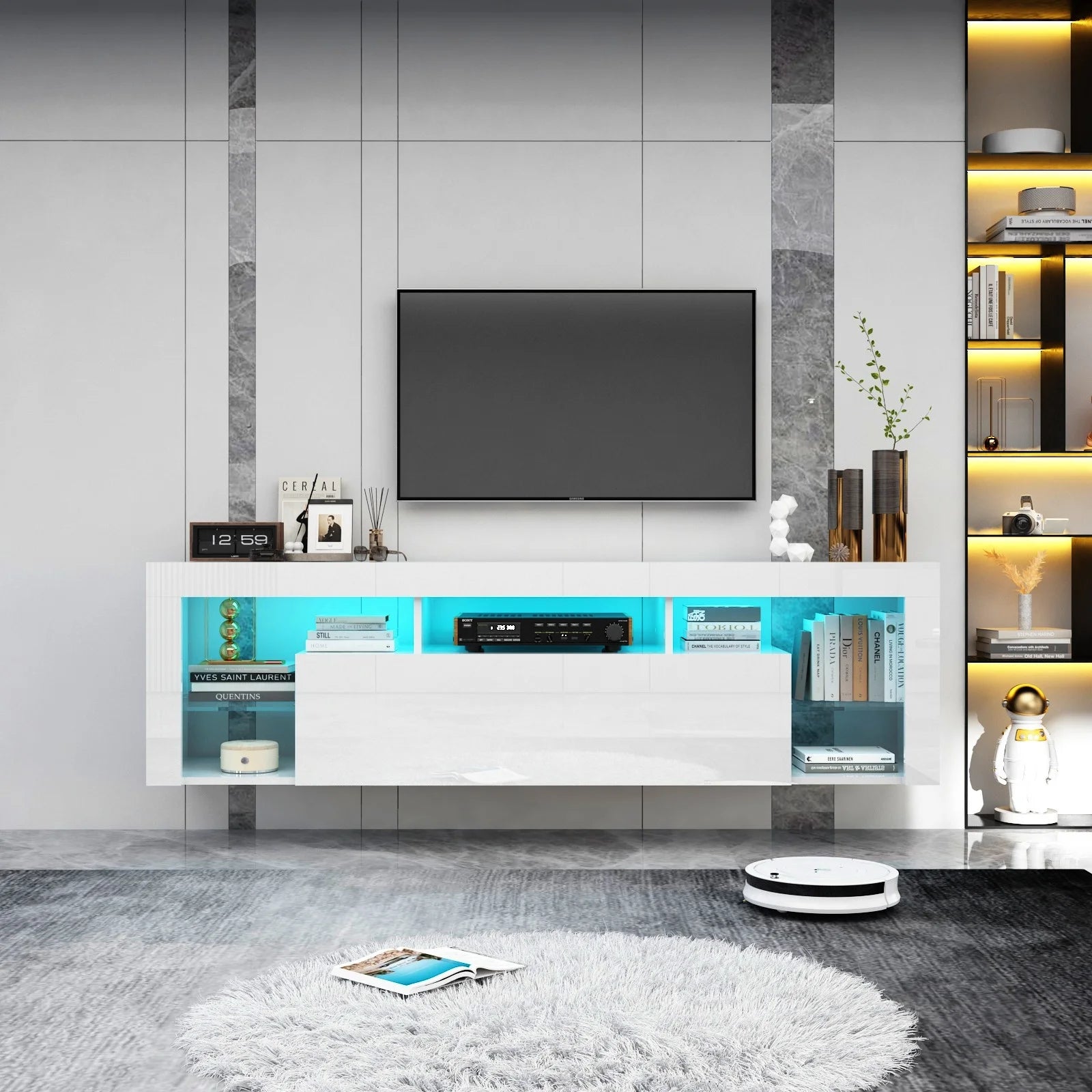 63" Floating TV Stand for 60" TV, LED TV Cabinet w/Power Outlets, Storage and Shelf, Modern High Gloss Media Console Table
