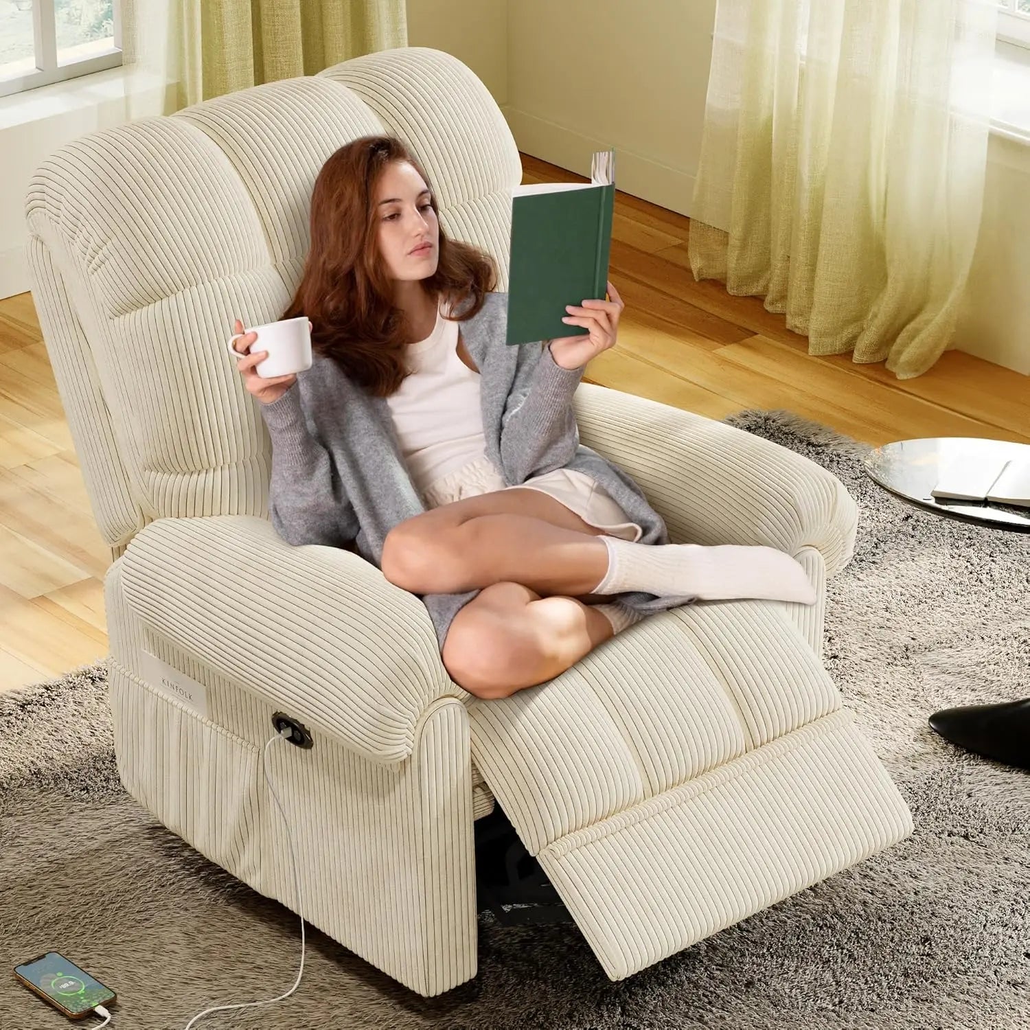 Adjustable Power Recliner Chair, Soft Teddy Electric Recliner Chair, Power Recliners with USB Port, Eco-Certified Small Recliner