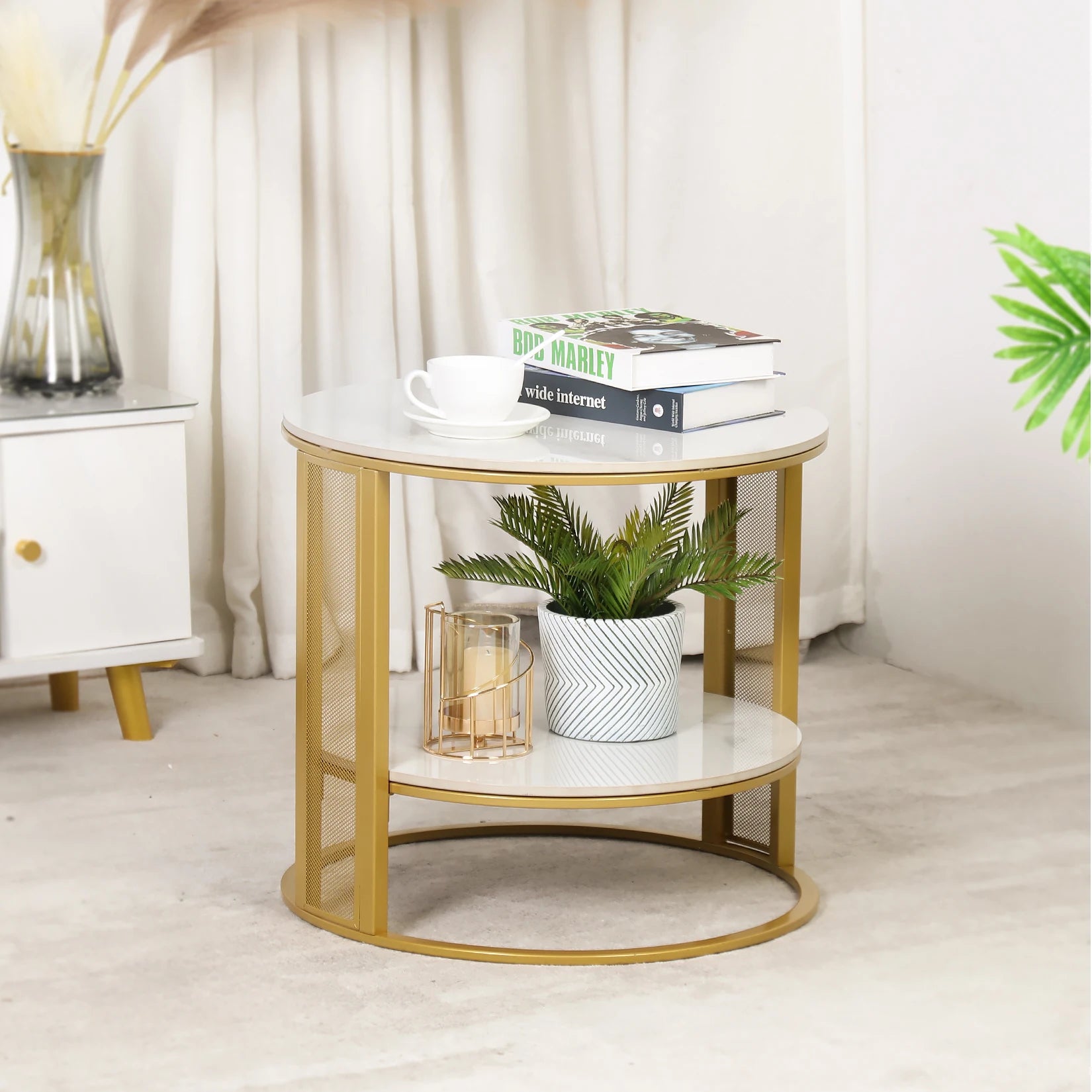 2 Tier Marble Effect Coffee Table Large Sofa Side End Table Golden Metal Frame