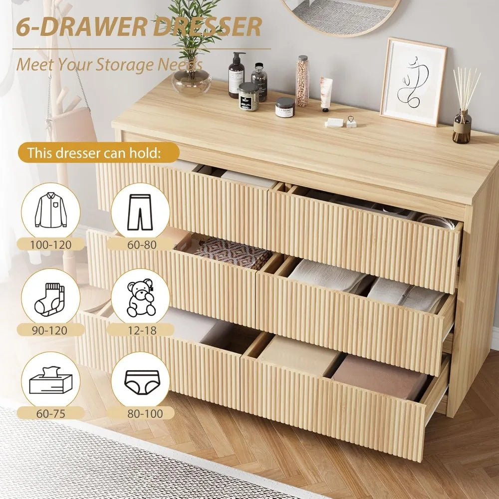 6 Drawer Dresser for Bedroom, Modern Fluted Dresser, Bedroom Dressers with Drawers, Large Double Wooden Chest of Drawers for