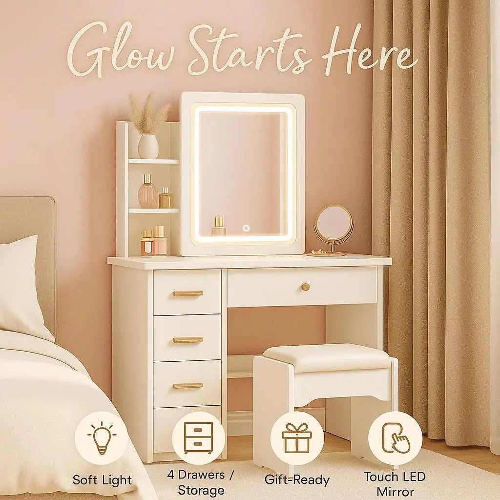 Large Vanity Table Set with LED Mirror, 5 Drawers & Shelves, Dresser Desk & Cushioned Stool, Easy Installation, Hidden Storage,