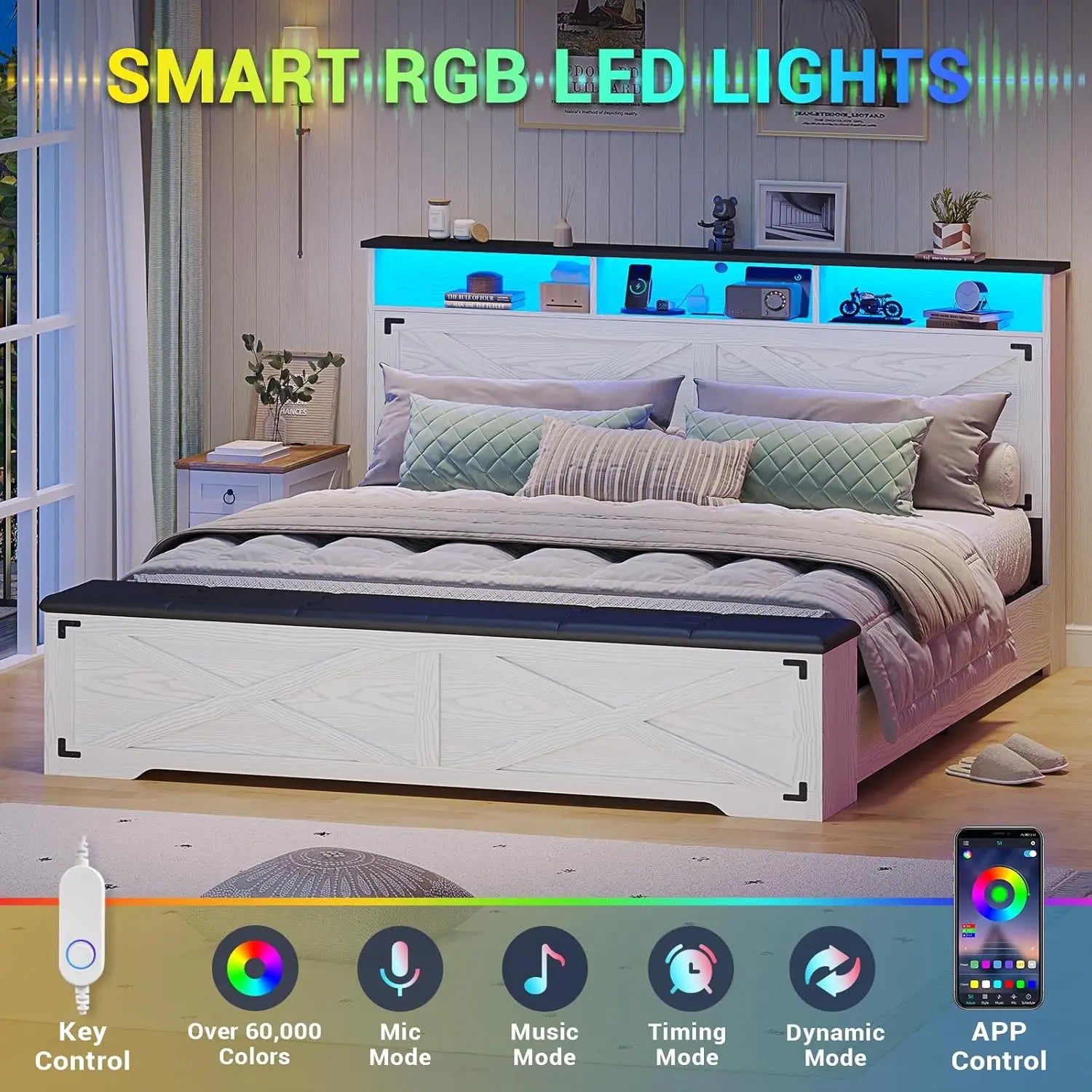 Grey King Size Upholstered Bed Frame with Bookcase Headboard – 4 Drawers & Hidden Storage