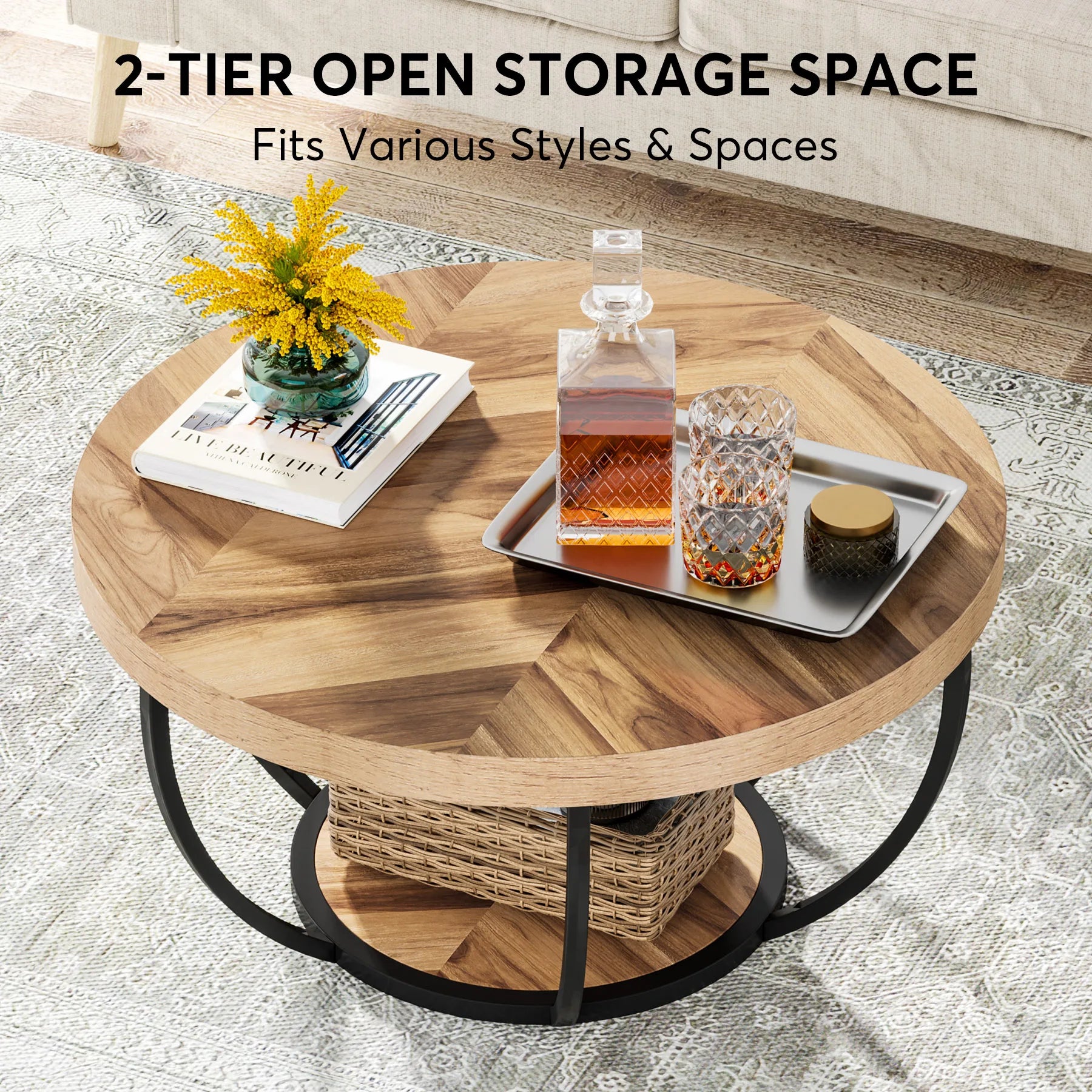 31.7” Round Industrial Coffee Table – 2-Tier Circle Table with Storage Shelves