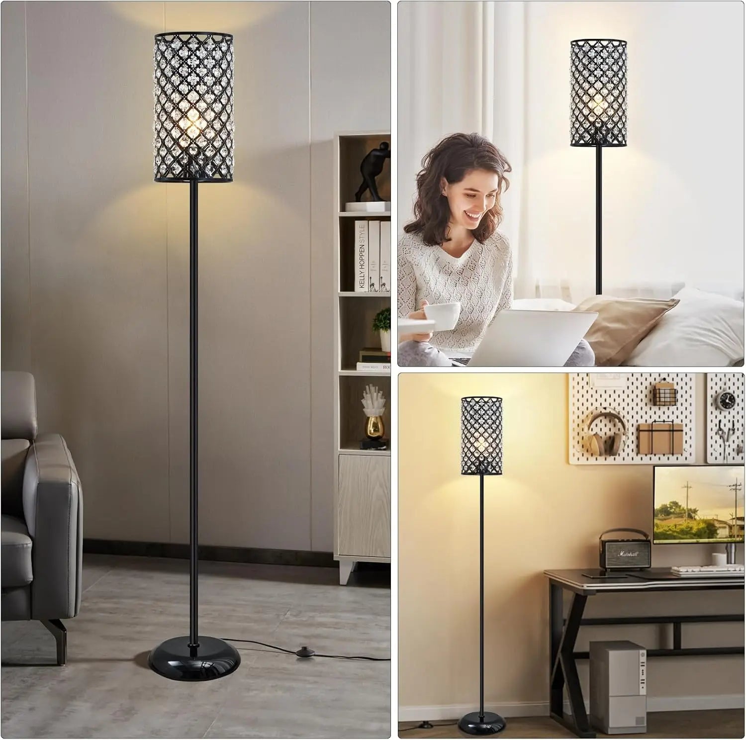 Crystal Floor Lamp, Modern Black Standing Lamp with Foot Switch, Tall Accent Light for Living Room, Bedroom, Office