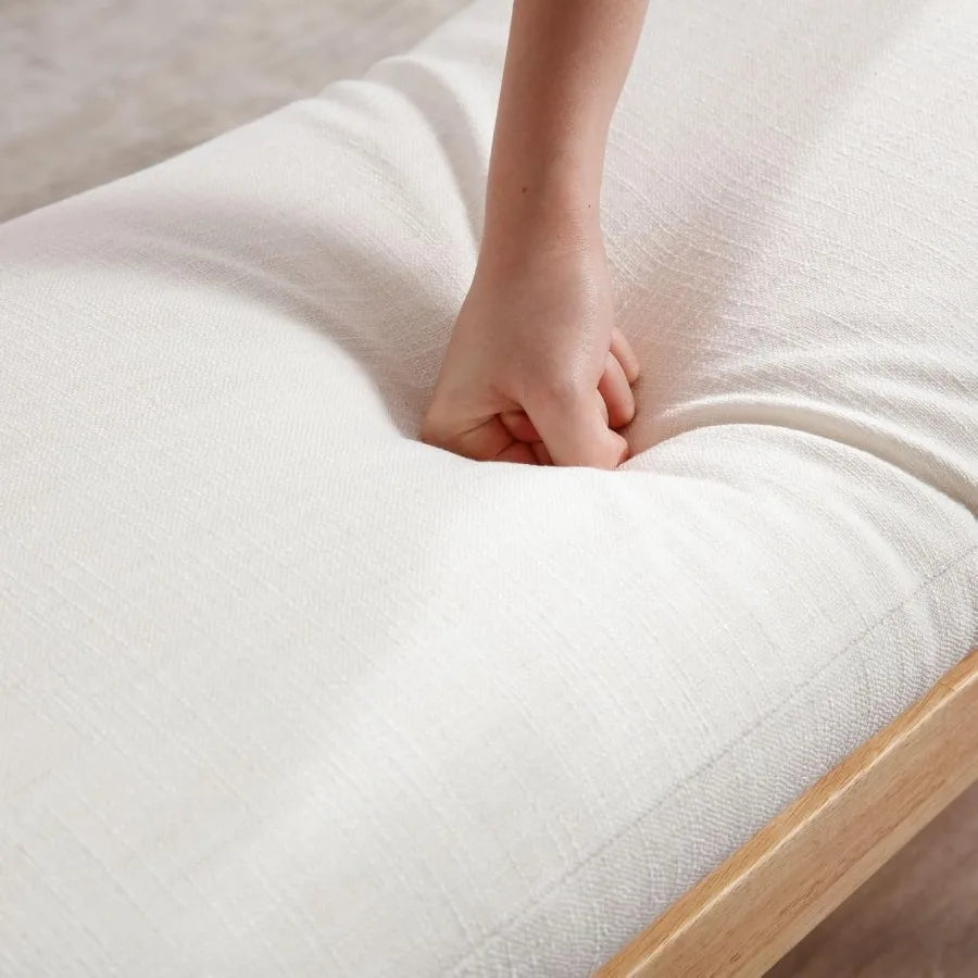 Rustic Linen Entryway Bench – Beige Upholstered End-of-Bed Ottoman with Straps