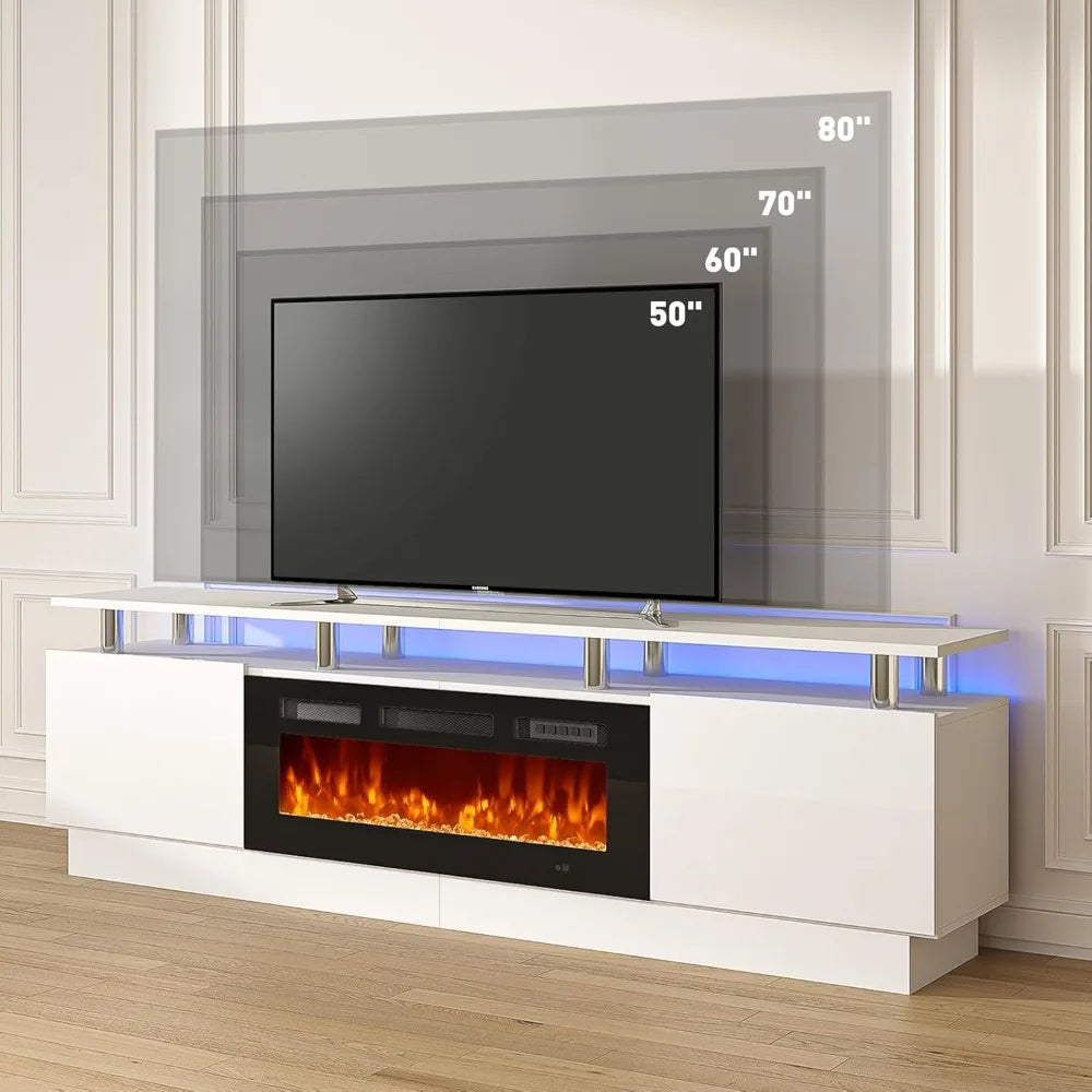 80" Modern Entertainment Center with 36 Inch Electric Fireplace Remote Control LED Light Fire Place - Wood TV Stand