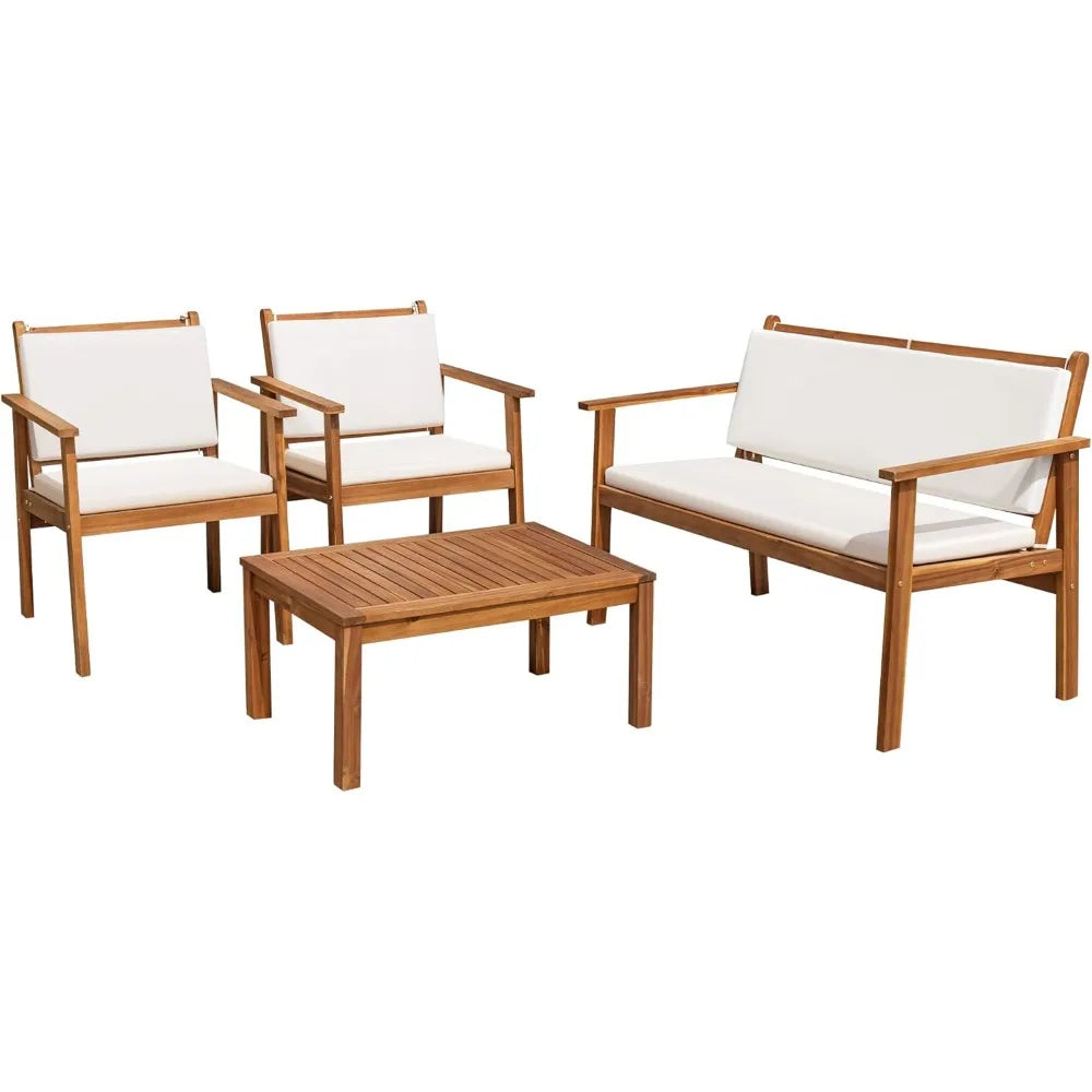 Patio Furniture 4 Piece Outdoor Acacia Wood Patio Conversation Sofa Set with Table & Cushions Porch Furniture for Deck,Balcony