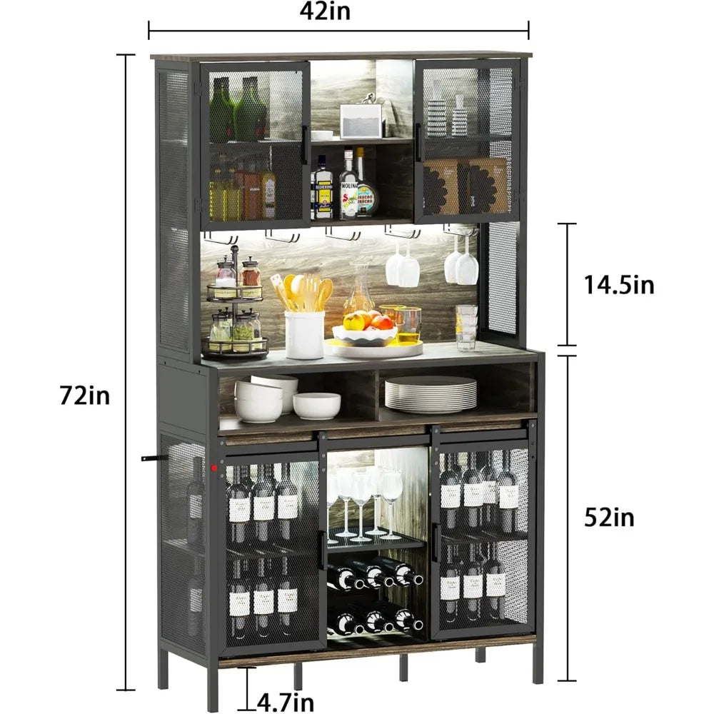 72″ Tall Bar Cabinet with LED Lights – Wine & Liquor Cabinet with Sliding Barn Door
