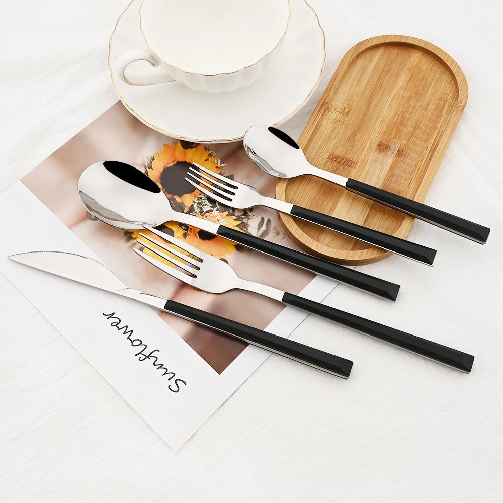 20Pcs Creative Rose Tableware Imitation Wood Handle Cutlery Set Knife Dessert Fork Spoon Dinnerware Set Stainless Steel Flatware